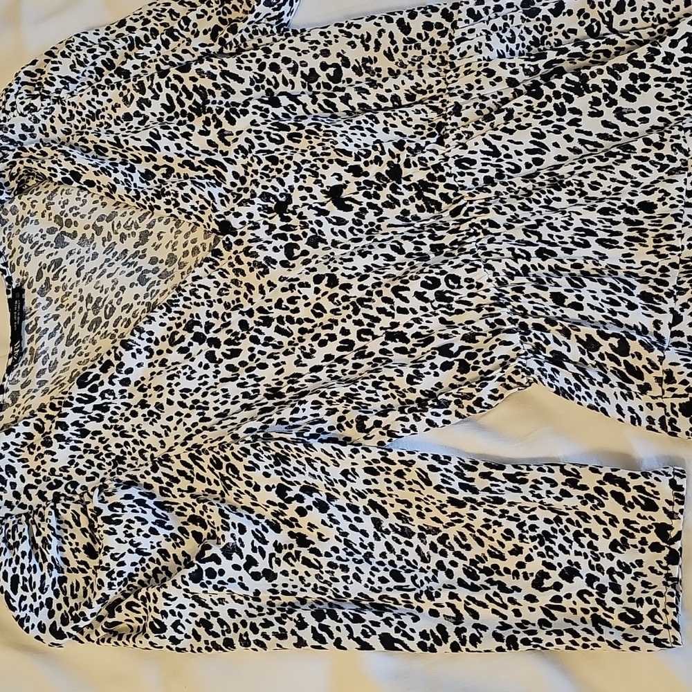 Zara Animal Print V-Neck Tiered Mini Swing Dress- 3/4 Sleeves, Button Detail- SM
